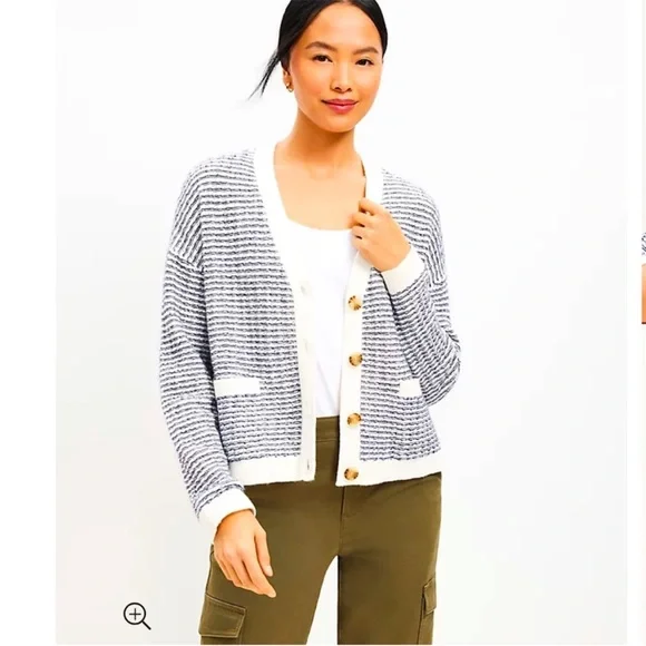 Loft Women's Striped Modern V-Neck Pocket Cardigan Nautical - Picture 2 of 7